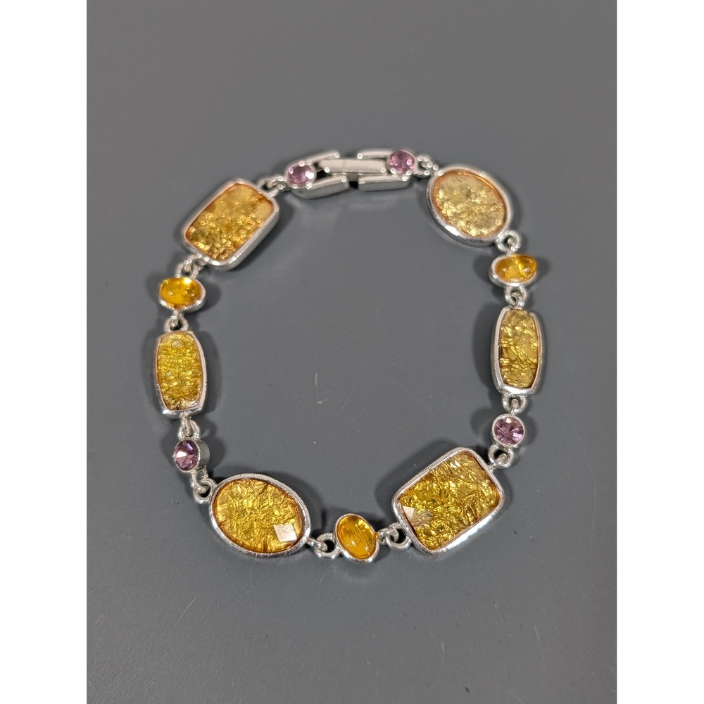 Silver Tone Yellow Pink‎ Rhinestone Bracelet Tennis Style 7"